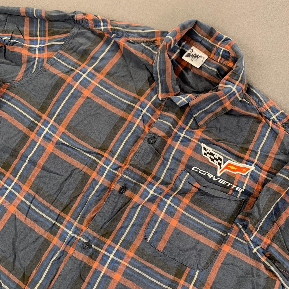 Corvette Shirt Mens XL Blue‎ Orange Tartan Plaid Button Up Short Sleeve Licensed